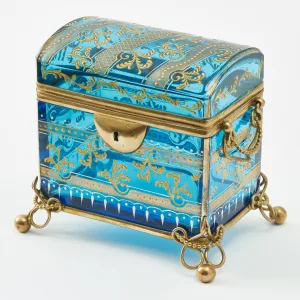 Moser Blue Glass Domed Box With Gilt Decoration