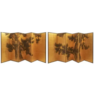 Pair Japanese Silk Screens Depicting Pine Trees