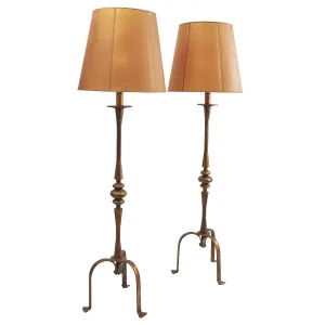 Pair Spanish Brutalist Standard Lamps With Original Vellum Shades