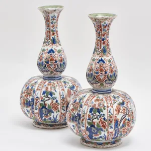 Dutch Delft Polychrome Chinoiserie Gourd Shaped Vases
