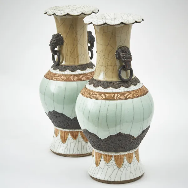 Pair Chinese Crackleware Vases With Earthenware Handles