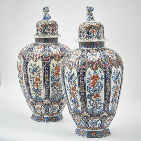 Pair Large French Delft Faience Jars And Covers