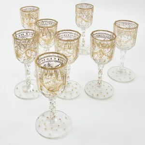 Set Of Bohemian Wine Glasses With Gilt Decoration