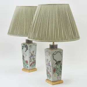 Pair Chinese Famille Rose Square Vases Wired As Lamps