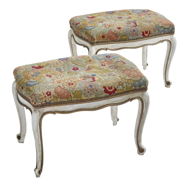 Pair French Provincial Painted Louis XV Style Stools
