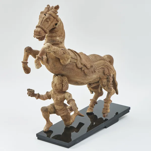 Indian Carved Wood Sculpture Of A Horse And Figure