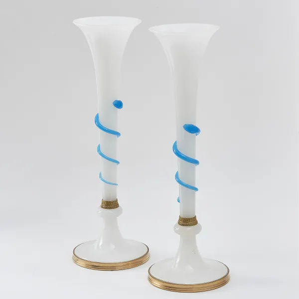 Pair French Opaque White Glass Lily Vases