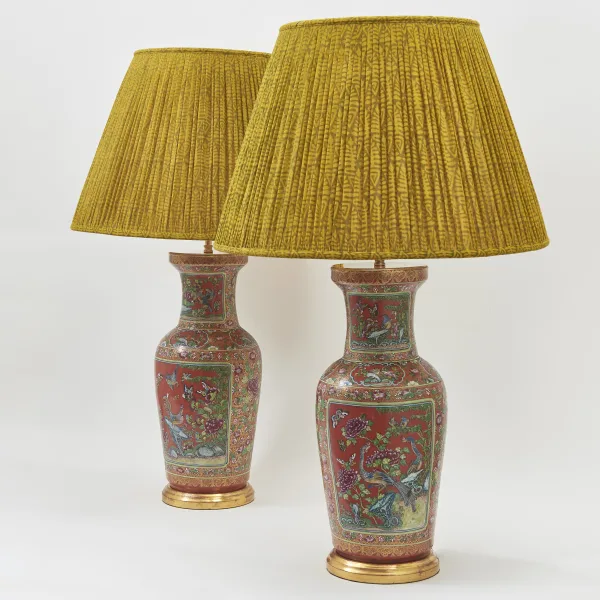 Pair Chinese Famille Verte Porcelain Vases Wired As Lamps