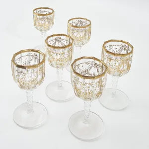 Set Of Six Bohemian Wine Glasses With Facet Cut Stems