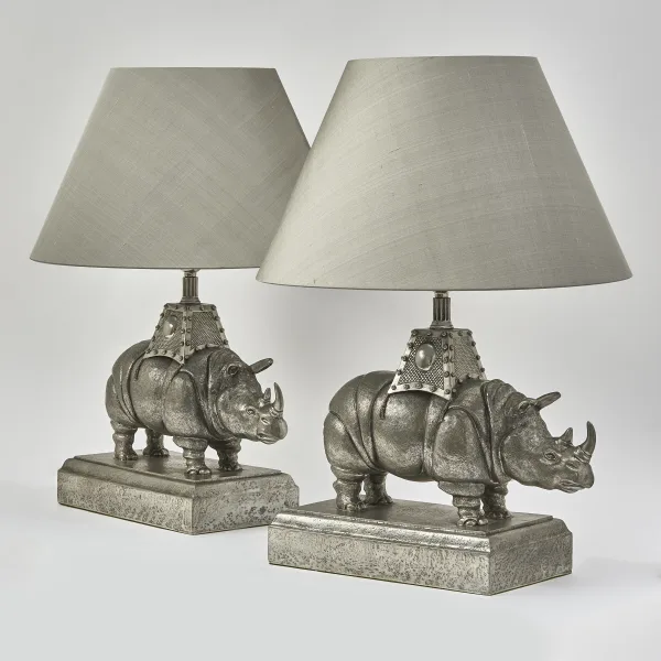 Pair Pewter Rhinoceros Lamps