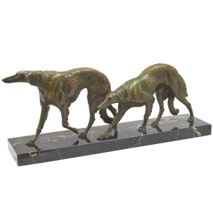 French Bronze Art Deco Pair Of Walking Borzois
