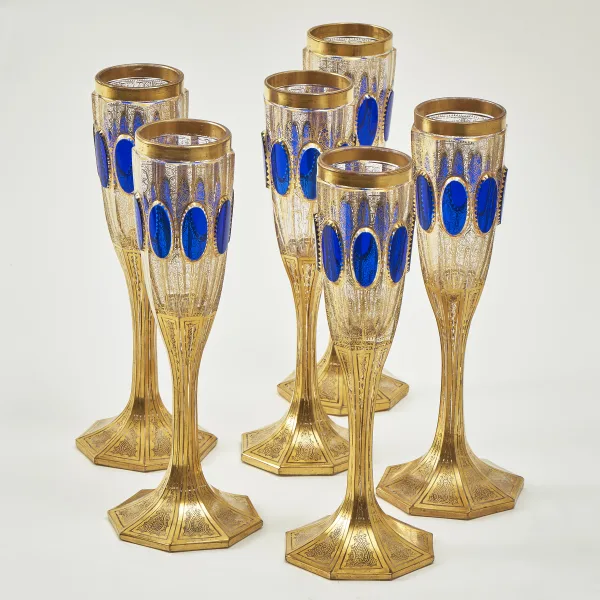Set Six Bohemian Moser Gilt Decorated Champagne Flutes