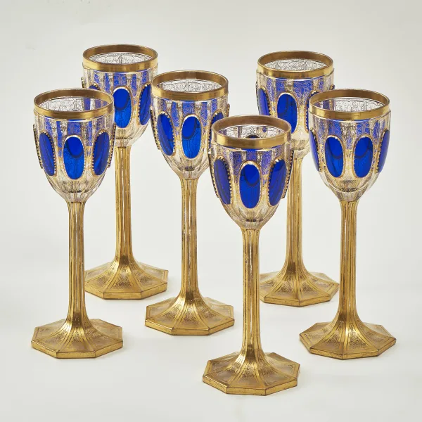 Set Six Bohemian Moser Gilt Decorated Goblets