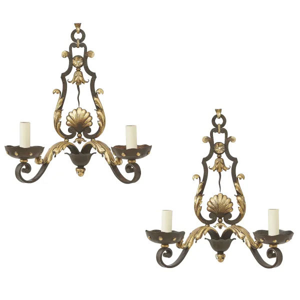 Pair French Patinated Wrought Iron Wall Lights