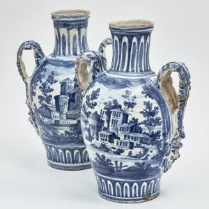 Dutch Delft Blue And White Amphora Vases