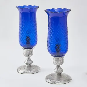 Pair Bristol Blue Glass Hurricane Shades Wired As Lamps