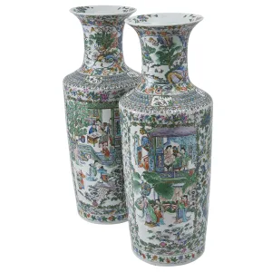Pair Large Chinese Famille Verte Rouleau Vases