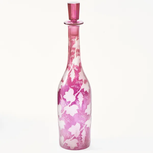 Bohemian Pink Glass Etched Decanter