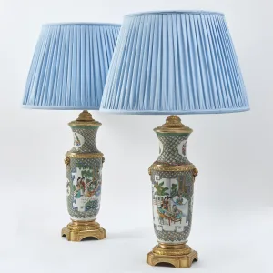 Pair Chinese Famille Vert Porcelain Vases Wired As Lamps