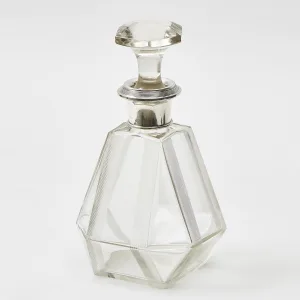 French Art Deco Ribbed Glass Decanter With Silver Collar