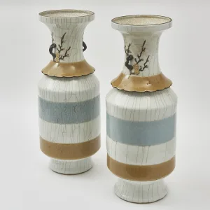 Pair Chinese Crackleware Porcelain Vases With Earthenware Handles