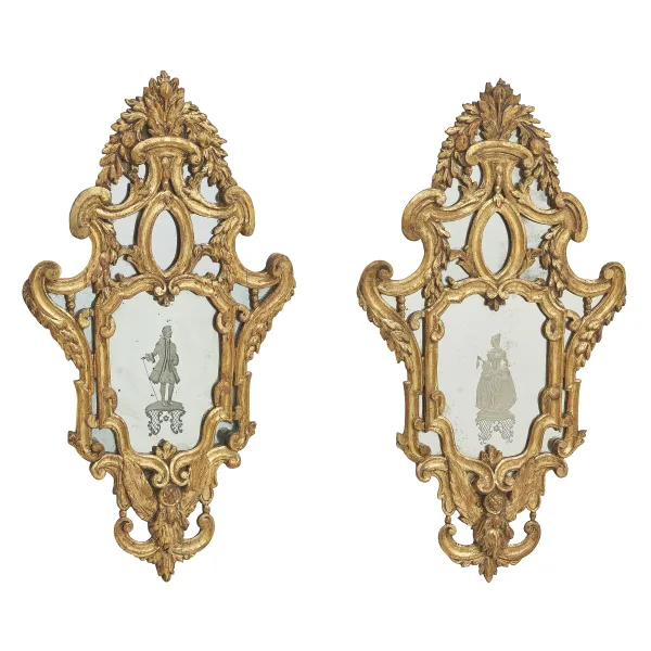 Pair Venetian Neoclassical Giltwood Engraved Mirrors