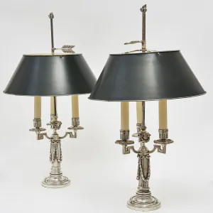 Pair French Louis XVI Style Silvered Bronze Bouillotte Lamps