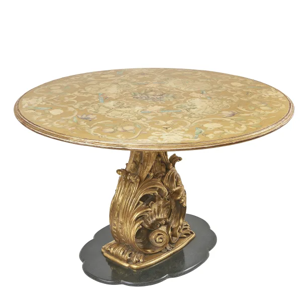 Italian Circular Dining Table With Floral Painted Top By Giuseppe Cavatorta